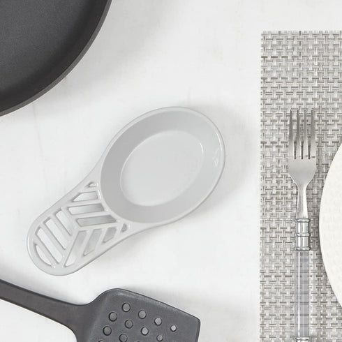 Home Basics Lines Cast Iron Spoon Rest (Grey) | Heavy Weight | Wide Head | Foam Pad to Protect Countertop