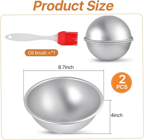 2Pcs Aluminum Hemisphere Pan, 8 Inch Sphere Half Ball Cake Pan, Nonstick 3D Round Shape Cake Molds for Baking, Football Cake Pan for Birthday Wedding Anniversary DIY Bakeware Tools, Silver