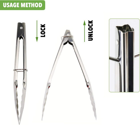 Mini Stainless Steel Food Tongs with Sliding Rings 7-Inch, Set of 6 Small Clam Shell Service Tongs for Appetizers,