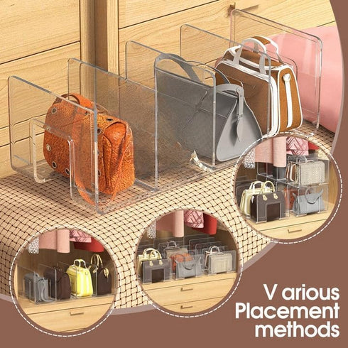 Noleja 2pcs 4 Closet (4) Clear Plastic Purse Handbag Organizer Sections Bag Shelf Divider Purse Display Stand Handbag