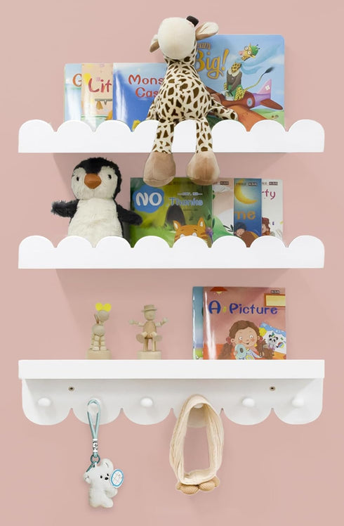 icnjdMopclean Wall Book Shelves for Bedroom Kids with Hooks - Scalloped Shelves for