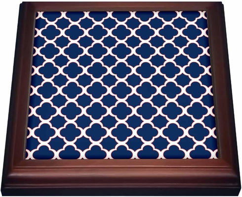 3dRose Quatrefoil Pattern Navy Blue & White Trivet with Ceramic Tile, 8 by 8", Brown Accent
