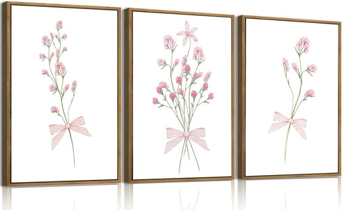 SongZest 3 Piece Pink Floral Framed Wall Art Boho Flower Nursery Canvas Art