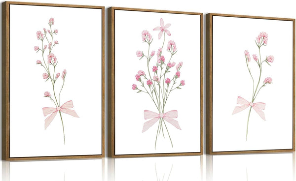 SongZest 3 Piece Pink Floral Framed Wall Art Boho Flower Nursery Canvas Art