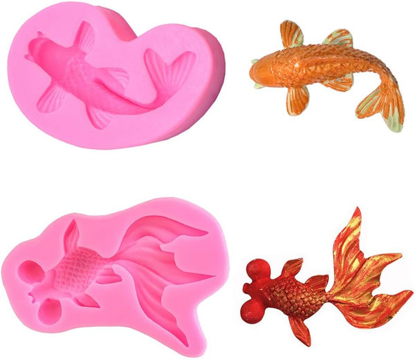 2Pcs/Set Koi Fish & Goldfish Fondant Mold, Carp Silicone Molds for Chocolate Candy Cake Decoration