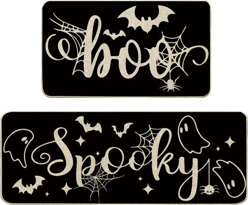 Baccessor Halloween Black Kitchen Rugs Set of 2, Spooky Ghost Low-Profile Non Slip Absorbent Kitchen Floor Mats 17x29