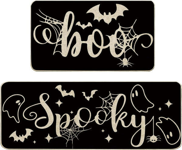 Baccessor Halloween Black Kitchen Rugs Set of 2, Spooky Ghost Low-Profile Non Slip Absorbent Kitchen Floor Mats 17x29