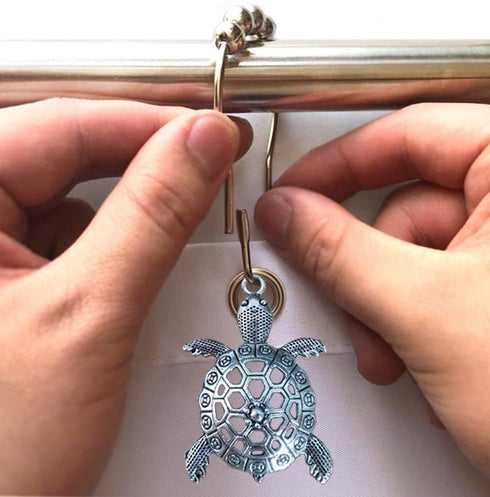 Sea Turtles Shower Curtain Hooks - Silver Metal Rust Proof Clips for Bathroom Accessories Set