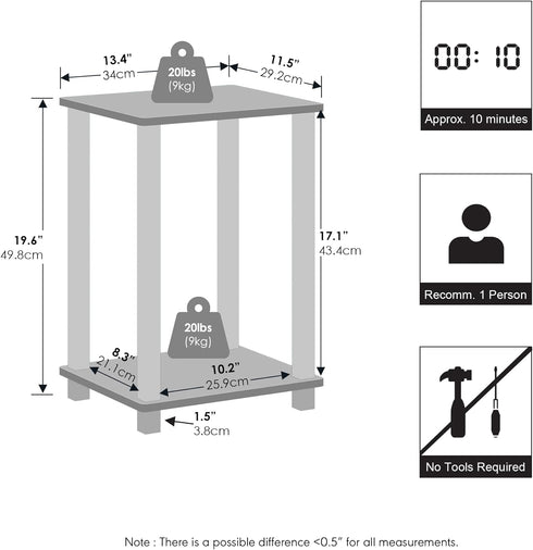 2-Tier Closet, Furinno Simplistic Night Stand, Small Nightstand with Open Shelf, Toolless Assembly Bedside Table, End