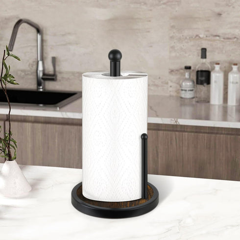 Paper Towel Holder Countertop, Standing Wooden Base Paper Towel Rack for Kitchen and Bathroom, Fits Standard Rolls