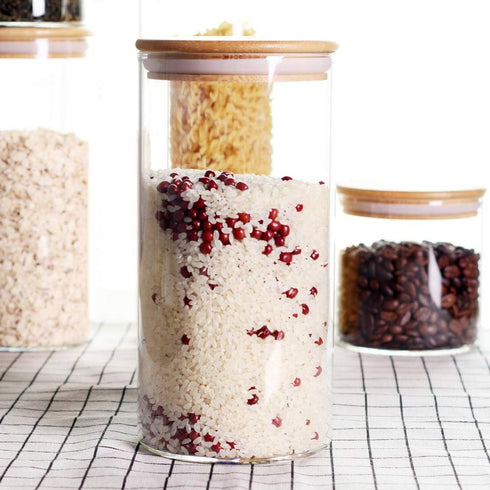 LEAVES AND TREES Y Stackable Kitchen Canisters Set, Pack of 5 Clear Glass Food Storage Jars with Bamboo Lid