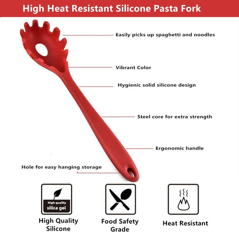Spaghetti Spoon Pasta Fork, 11.2 Inch Silicone Strainer with Stainless Steel Handle, BPA Free (Red)