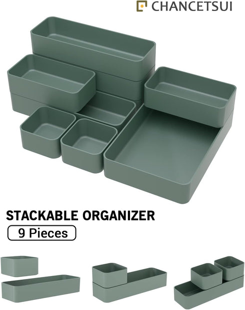 CHANCETSUI 9 Pcs Stackable Drawer Organizer Trays Set, Green Multifunctional Storage for Vanity, Bathroom & Office
