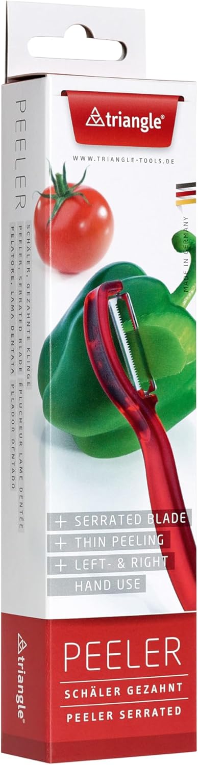 Triangle Swivel Peeler in Red, Stainless Steel Serrated Twin Blade for Soft Fruits & Vegetables, Dishwasher Safe