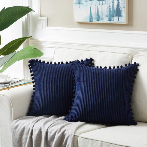 Fancy Homi Pack of 2 Decorative Throw Pillow Covers, Navy Blue Corduroy with Pom-poms, 18x18 Inch Cushion Case Set