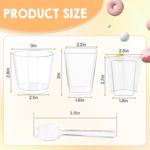 450 Pack 3 (5/6oz) Plastic Dessert Cups With Lids and Spoons - Square/Round/Five-Pointed Star Styles Clear Parfait Cups
