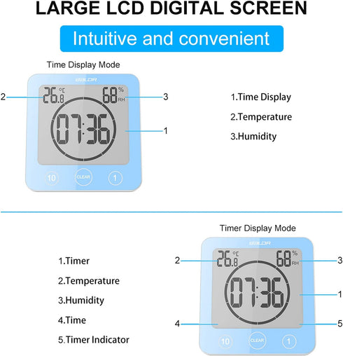 Digital Bathroom Shower Wall Clock Timer, LCD Waterproof Touch Screen Timer with Suction Temperature Humidity Gauge