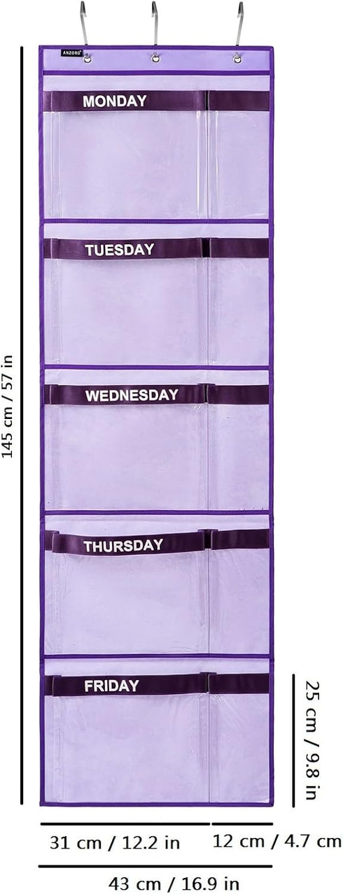 Kids Clothes Organizer for School, Weekly Hanging Storage from Monday to Friday, Day of Week Closet Organizer (PURPLE)