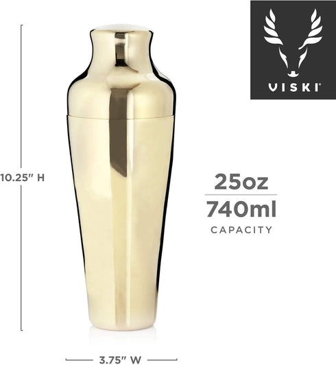Viski Parisian Cocktail Shaker Set, 25 oz Gold Plated Stainless Steel Shaker with Strainer