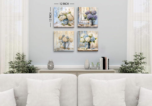 Rustic Hydrangea Wall Art, Blue and White Flowers Canvas Picture, Vintage Botanical Floral Posters for Living Room