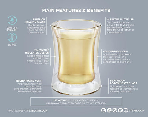 Set 6 (6 oz 177 ml) Teabloom Modern Insulated Turkish Tea Glasses - of Double Walled Glass Teacups /