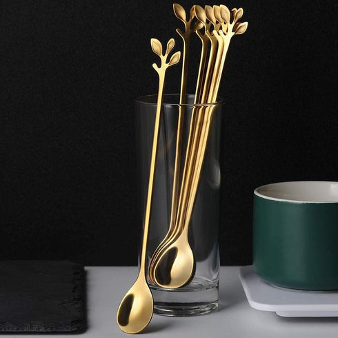 Long Handle Iced Tea Spoons Set of 6, Comicfs 7.6" Gold Leaf Cocktail Stirring Spoons, Dishwasher Safe