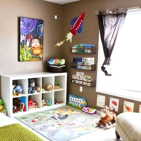 24 Inch Set 3 AZSKY Nursery Book Shelves Deep Walnut Floating Bookshelf for Kids Room Wall Mounted Floating Shelves