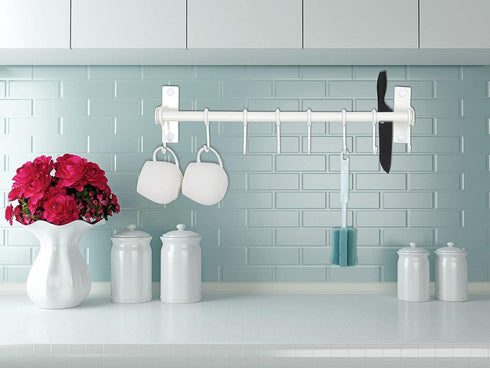 Dseap Pot Rack, Hanging Rack Rail with 8 Hooks, Wall Mounted Pot Hangers for Kitchen, White