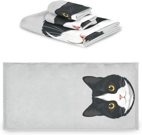 Aslsiy Set 3 Cute Black White Cat Towel Pcs Kitten Kitty Bath Hand Towels Washcloth Soft Thin Durable Towel