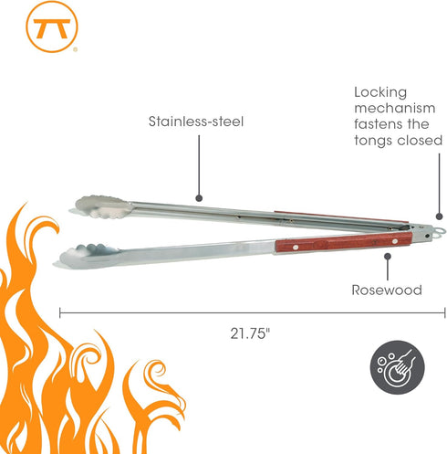 Outset QB22 Locking Stainless Steel Grill Tongs, Extra Long 22", Rosewood Handles