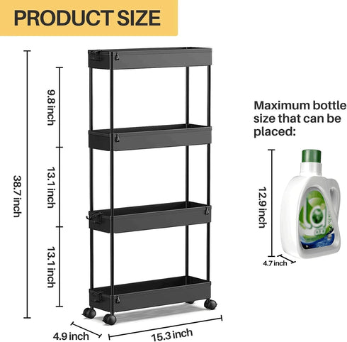 SPACEKEEPER Slim Rolling Storage Cart, 4 Tier Bathroom Organizer Mobile Shelving Unit for Kitchen, Bathroom, Craft,
