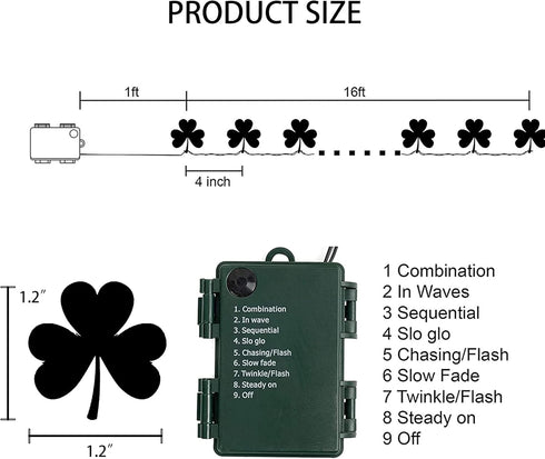 2 Pack 50 8 Dazzle Bright LED St. Patrick's Day Shamrock String Light, Battery Operated Clover String Lights