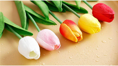 PU Fake Tulips Real Touch Artificial Flowers, 10Pcs Bouquet for Home Office Wedding Decoration (White)