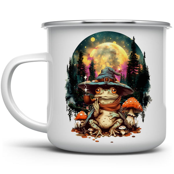 Wizard Frog Enamel Camp Mug, Celestial Nature Outdoor Camping Coffee Cup, Mystical Moon Stars, 12oz Goblinecore Gifts
