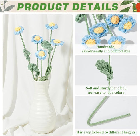 FINGERINSPIRE 5 pcs Handmade Crochet Daisy Flower Bouquet, Light Sky Blue Knitted Cotton Artificial Flowers for Home