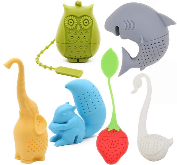 Creative Cute Animal Eco-friendly Silicone Tea Infuser Strainer Set of 6 PCS, Elephant, Shark, Swan, Squirrel,