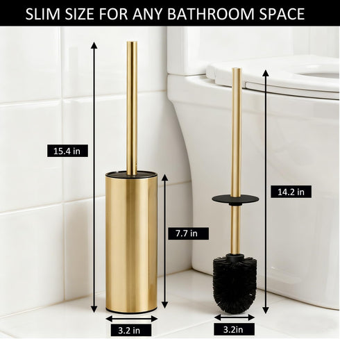 Set, 304 Toilet Brush and Holder NEWRAIN Stainless Steel Toilet Brush with Long Brush Handle, Brushed Gold Toilet