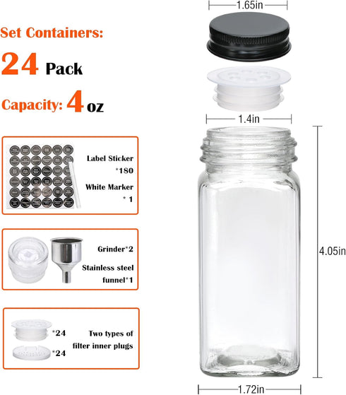 Maredash 24pcs with180 Spice Jars Labels,Glass Spice Jars, Seasoning Containers,Seasoning Organizer,Include black metal