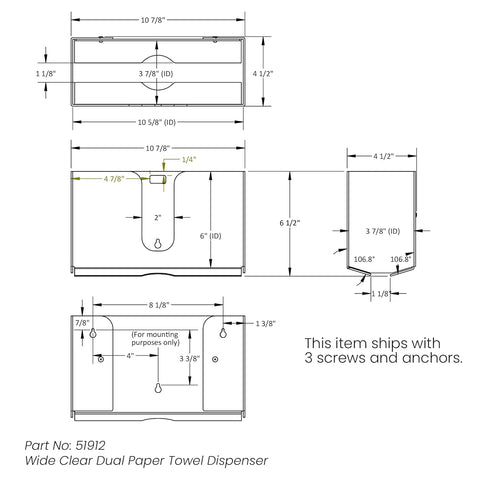 51912 10 7/8 6 1/2 4 1/4 inches TrippNT Shatterproof Dual Dispensing Paper Towel Holder, Clear, PETG, X X WHD