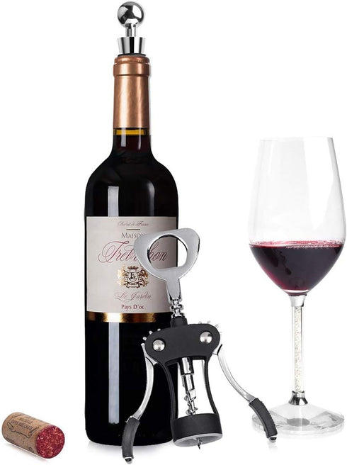 Foho Wine Opener, Multifunctional Wing Corkscrew for Wine and Beer Bottles, Luxury Waiter Corkscrew Set, Black