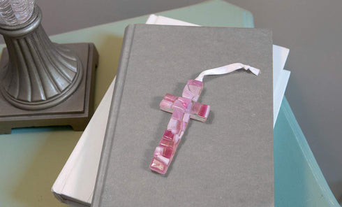 First Communion Gift for Girl, Handmade in USA Pink Mosaic Glass Cross with Sentiment