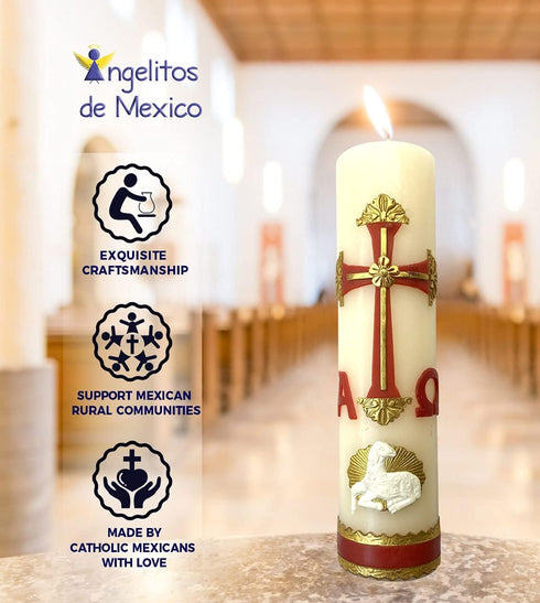 Alpha Omega Candle for Baptism, Confirmation, Easter Lent Cirio para Bautizo, Confirmacion O Boda (Red)