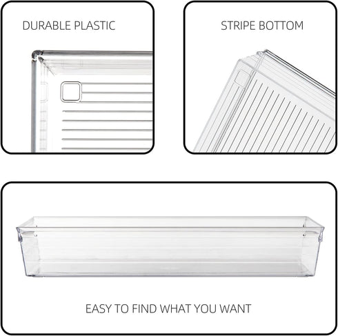 Backerysupply 4 Pack Storage Bins - Clear Plastic Organizers for Bathroom, Makeup, Vanity, Kitchen Utensils