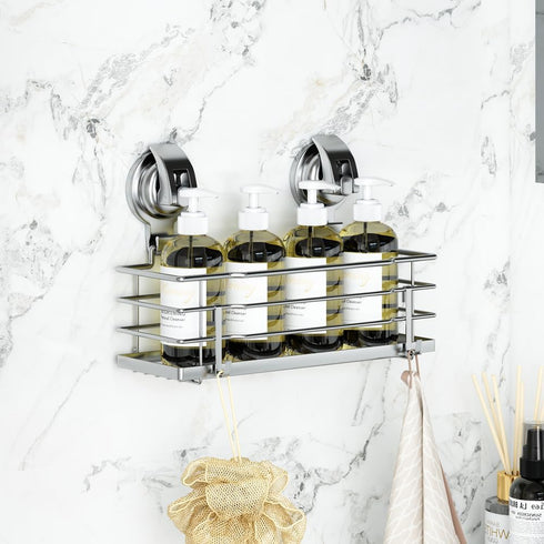 304 TESOT Suction Cup Shower Caddy, Shower Shelf Soap Dish with Hooks for Razor, Sponge, Rust Proof Stainless Steel