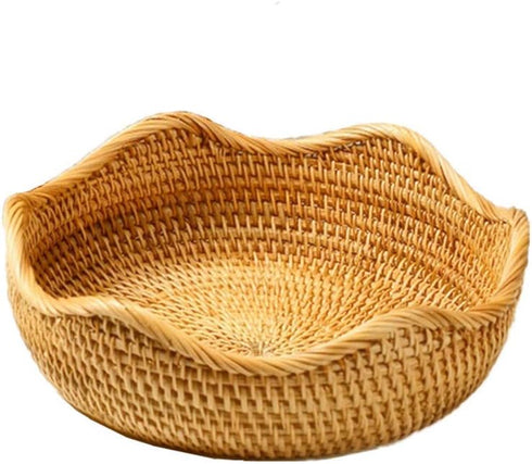 Handmade Rattan Round Fruit Basket, Food Storage Bowls Kitchen Organizer Snack Serving Bowl (Small 8.7", Boho Home