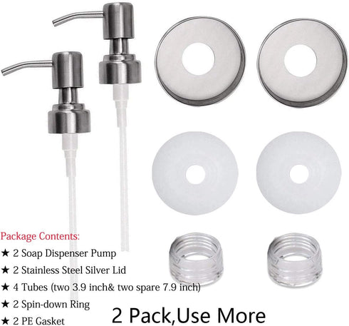 Mason Jar Soap Dispenser Lid and Pump Replacement, Brushed Stainless Steel for Regular Mouth Size Lid