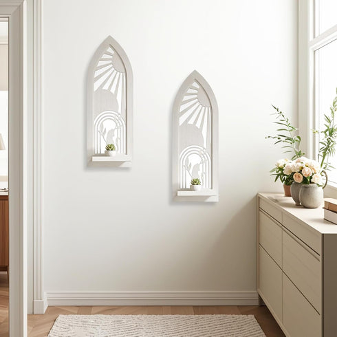 Set 2, Wood Wall Sconce Candle Holder of Rustic Wall-Mount Mirrored Candle Holders, Carved Wood Frame Farmhouse Hanging