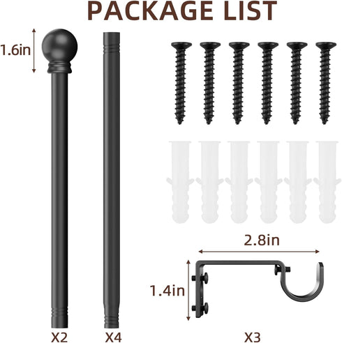 Black 5/8 inch Curtain Rods for Windows 48 to 84-93, Single Window Curtain Rod Set with Brackets