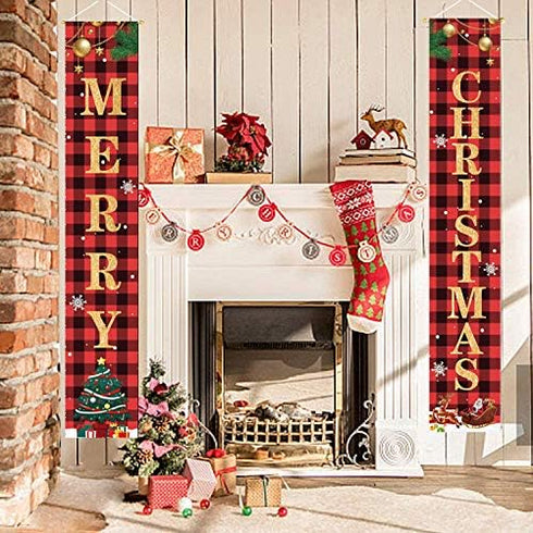 Christmas Decorations Merry Christmas Banner Decor, Happy New Year Plaid Porch Sign for Home Front Door Holiday Party