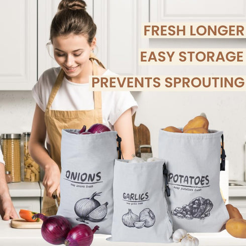 Potato Onion Garlic Storage Bag, Reusable Vegetable Storage Bags with Drawstring Closure, 3 Packs (Potato Onion Garlic